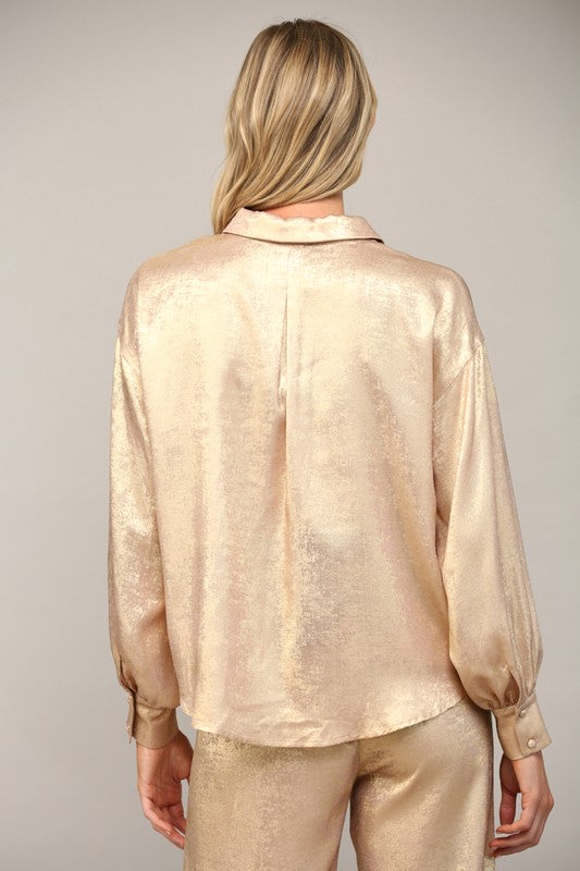 metallic long sleeve button up holiday blouse