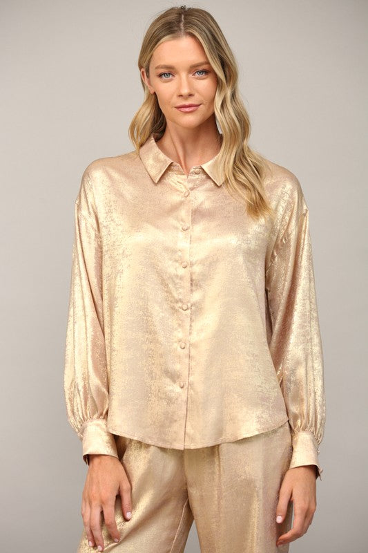 metallic long sleeve button up holiday blouse