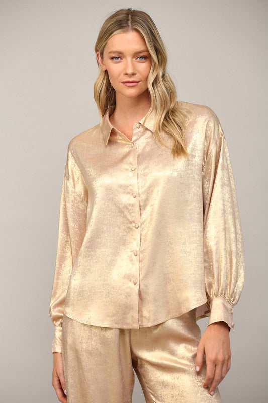 metallic long sleeve button up holiday blouse