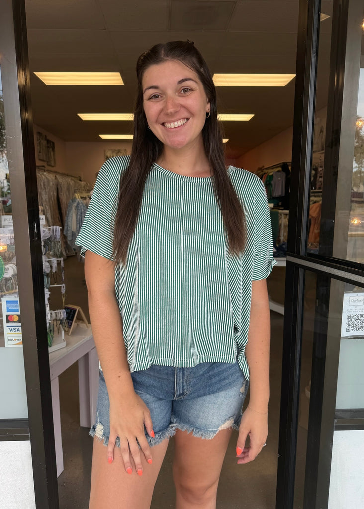 short sleeve small vertical stripe top scoop neck hunter green