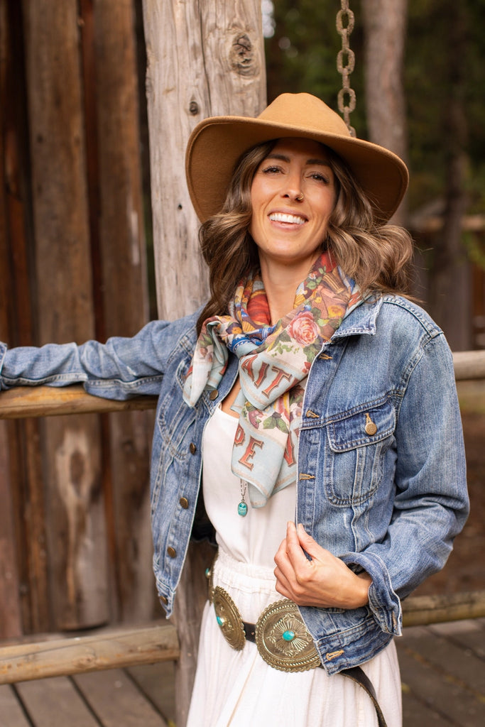 joyful flowers and heart in hand prints on a lightweight scarf