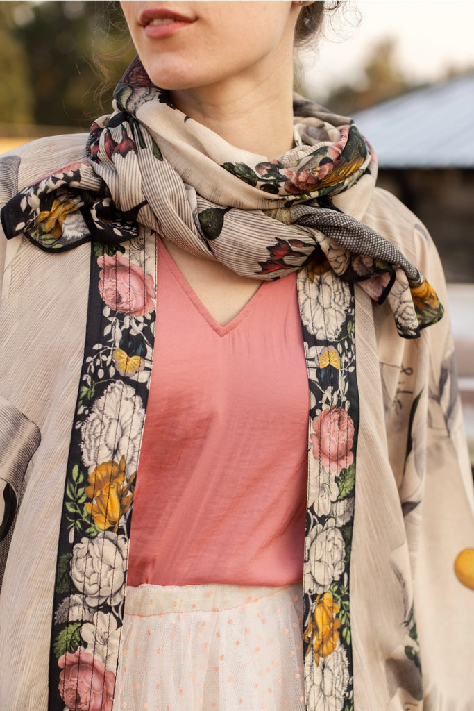 bamboo floral scarf with hummingbirds and clasped hands