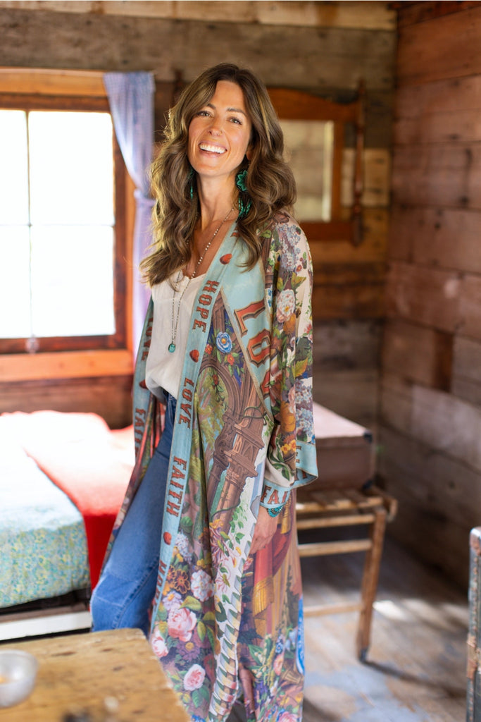 Printed Love Language Long Duster Words Fait Hope and Love on print.