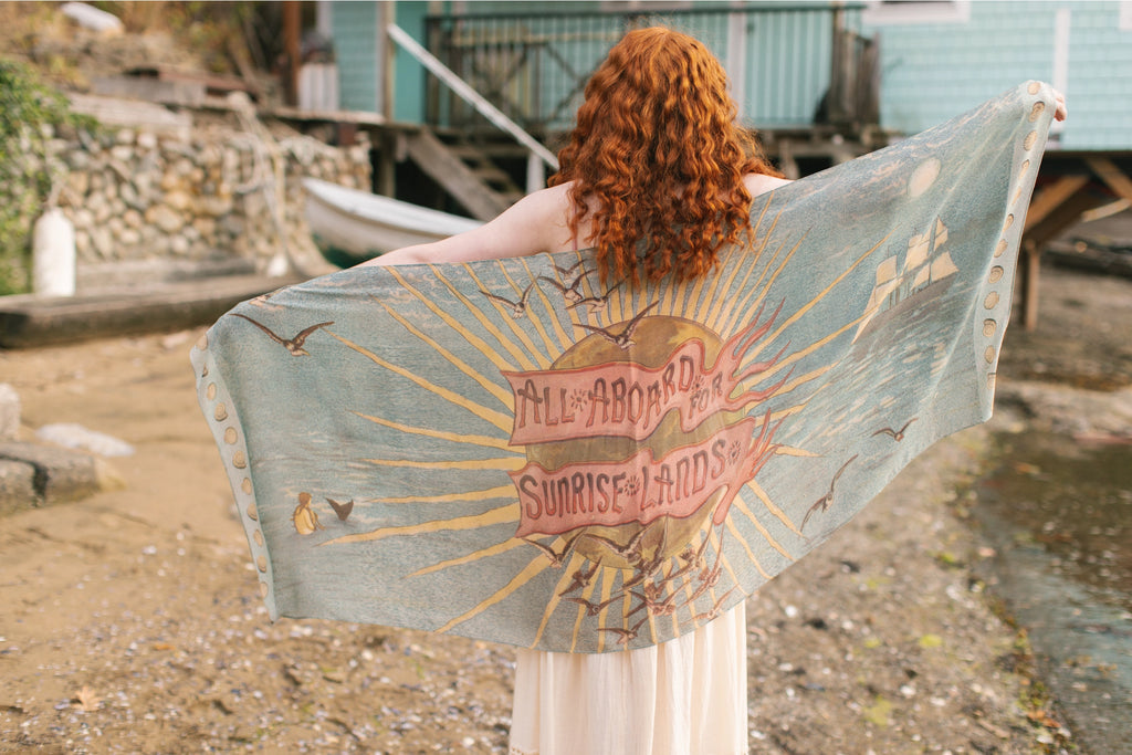 Colorful bamboo scarf that says all aboard for sunrise lands