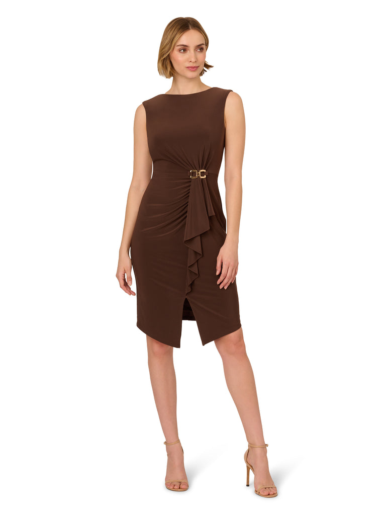 sleevless brown cocktail dres with gold front accent