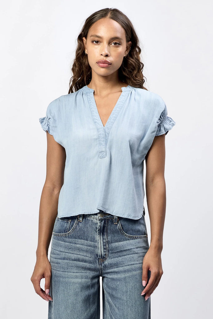 soft tensel v neck top with gather on back