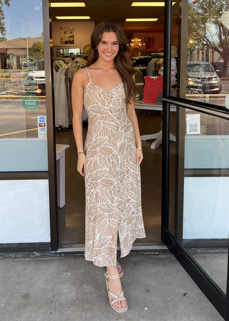 brown print midi dress spaghetti strap