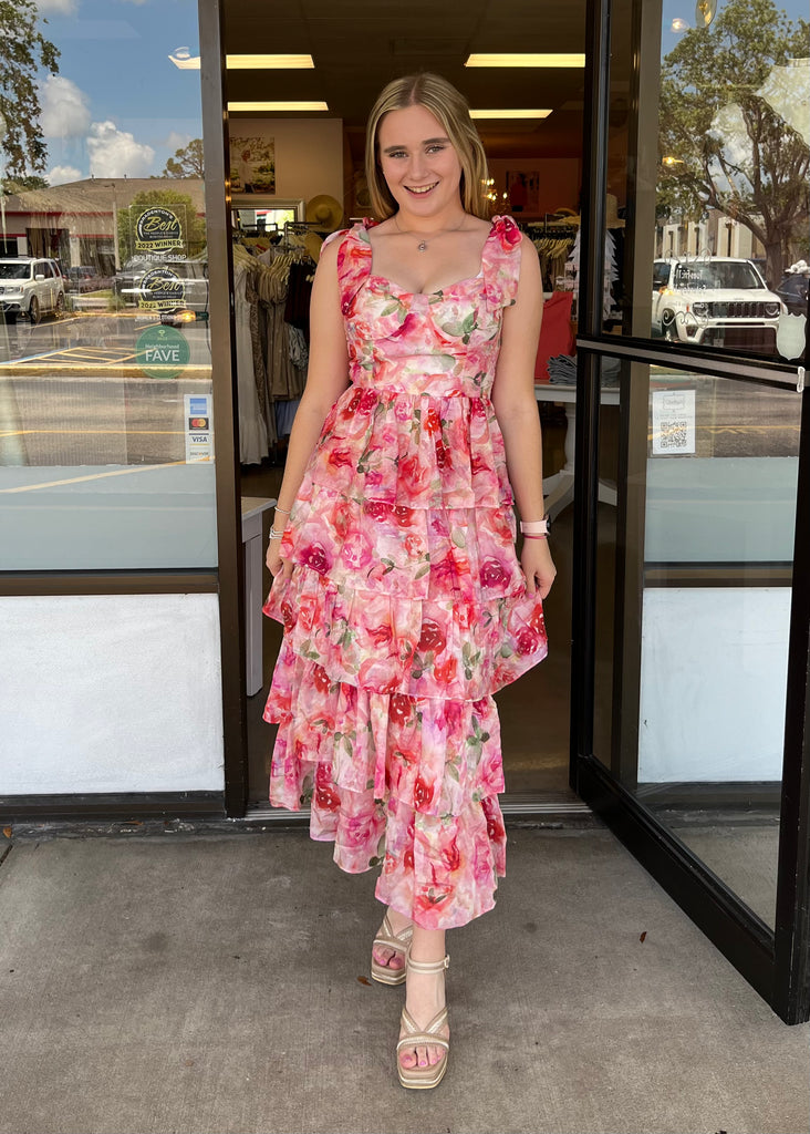 floral midi dress with layers of ruffes and tie strap