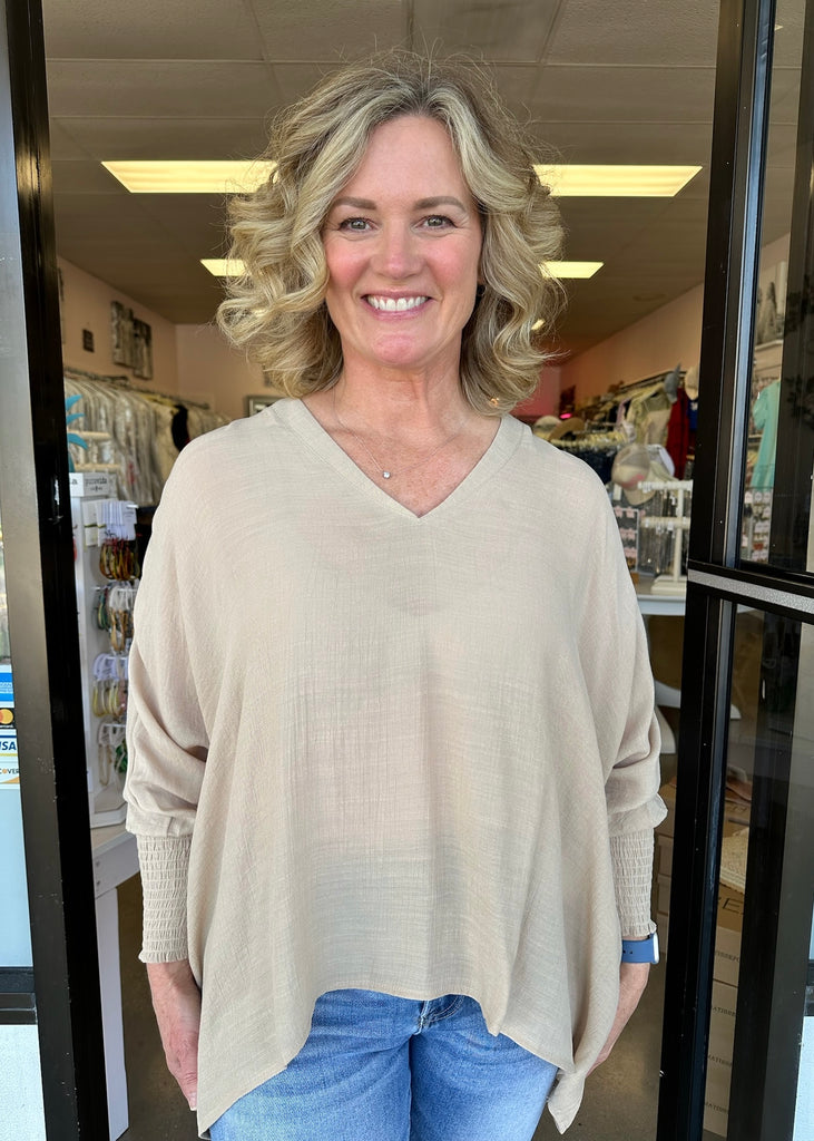 v neck oversized top cinched sleeves