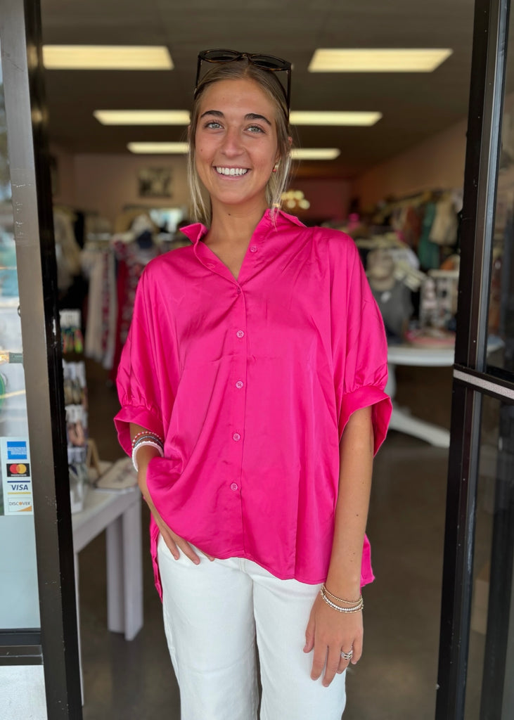 button up half sleeve collared top in pink and mocha
