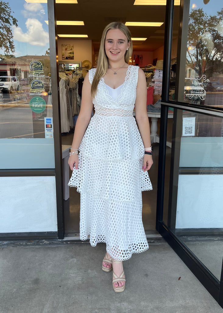 white eyelet midi dress with ruffle layers