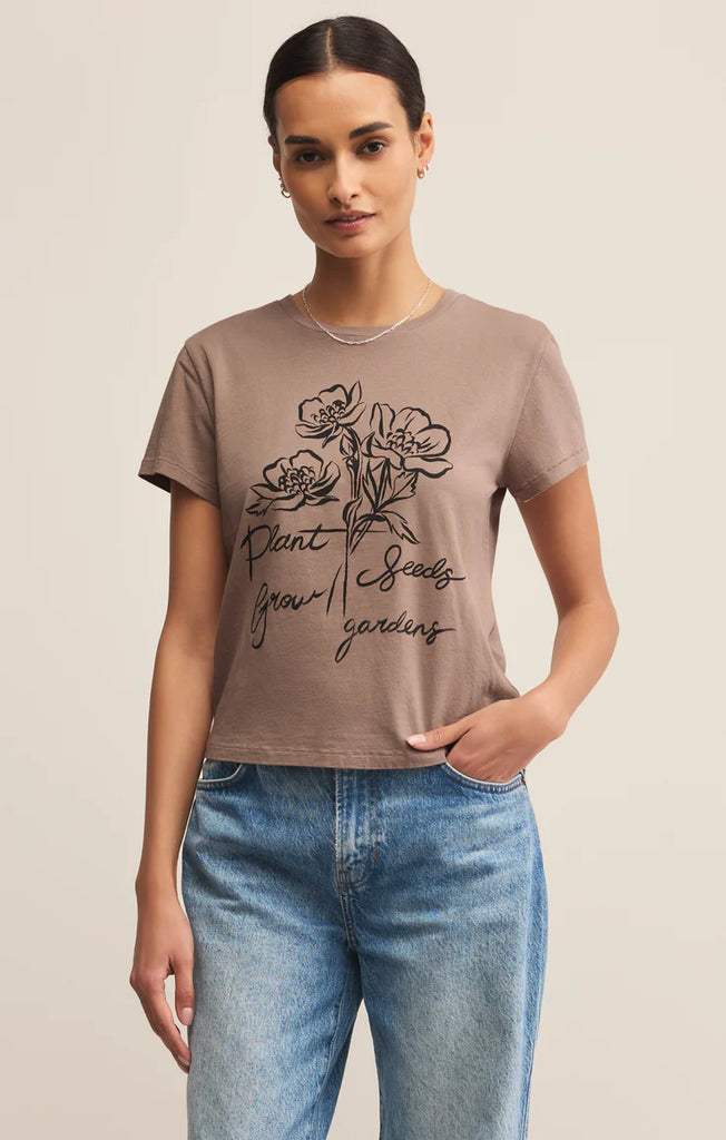 brown floral tee shirt/ Plant Seeds, Grow Gardens