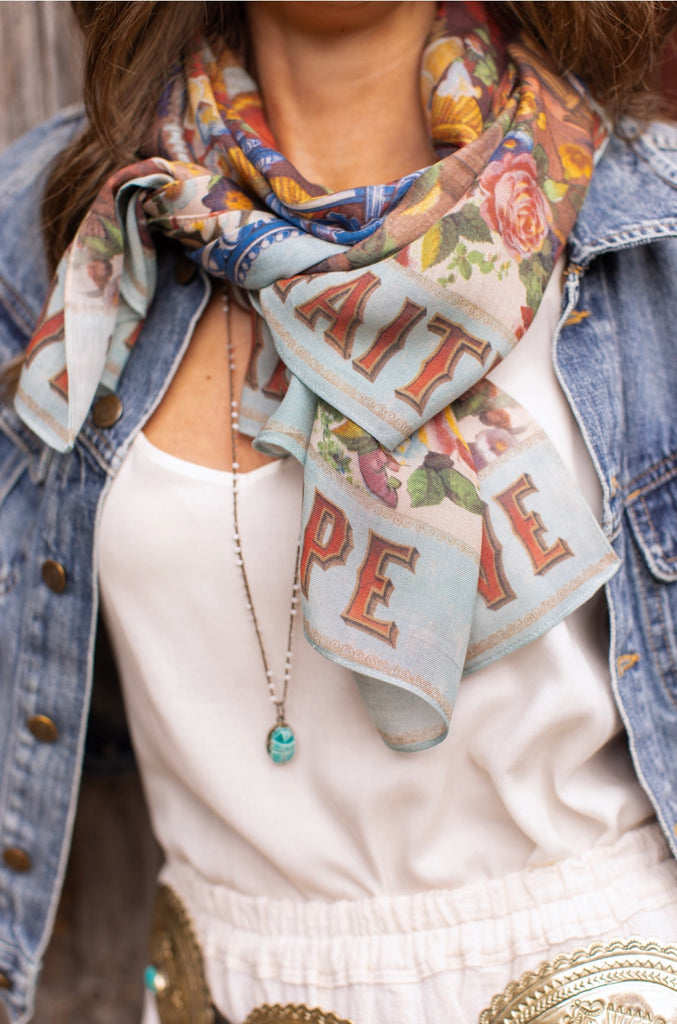 joyful flowers and heart in hand prints on a lightweight scarf