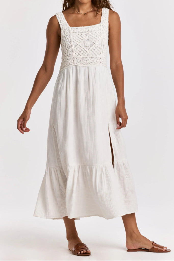  white midi dress with crochet bodice.