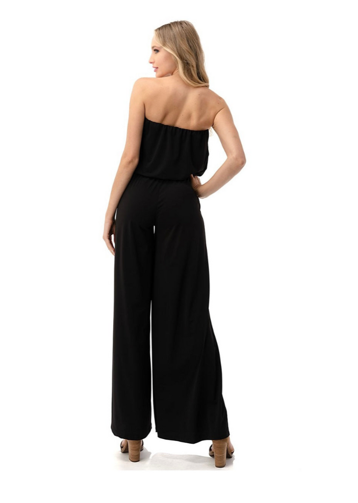 black strapless jumpsuit with rope tie at waist