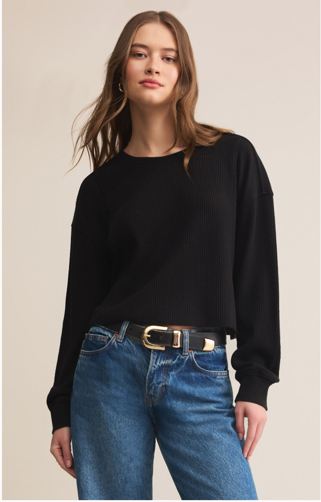 soft waffle knit crew neck long sleeve thermal top