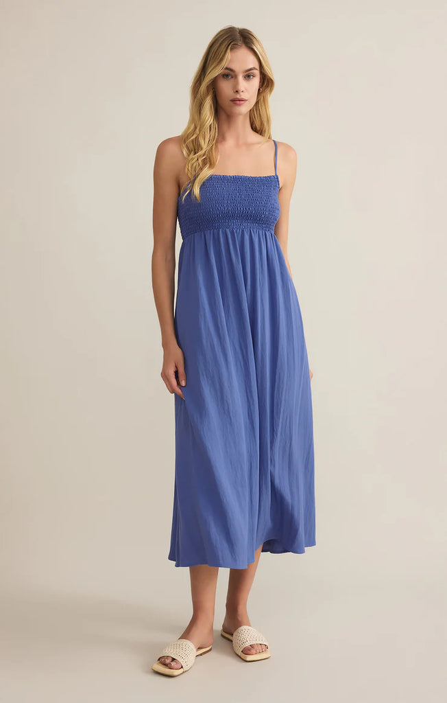 smocked spaghetti strap midi dress