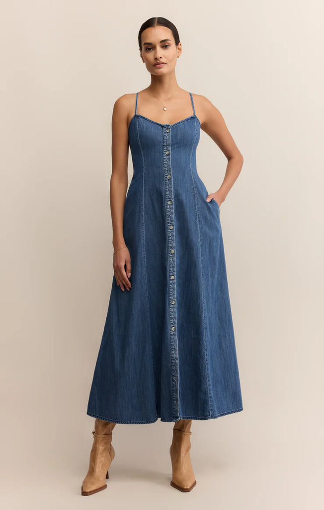 spaghetti strap light weight denim midi dress