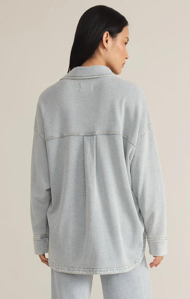 Washed denim knit soft button front jacket