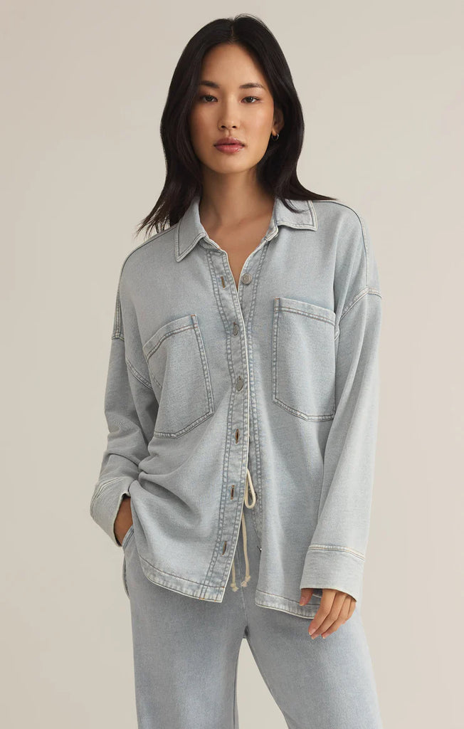 Washed denim knit soft button front jacket