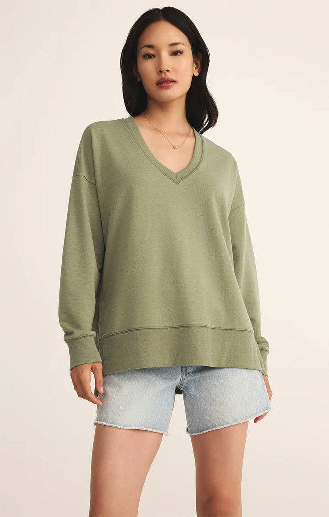 z supply oversize v neck sweatshirt in avocado color