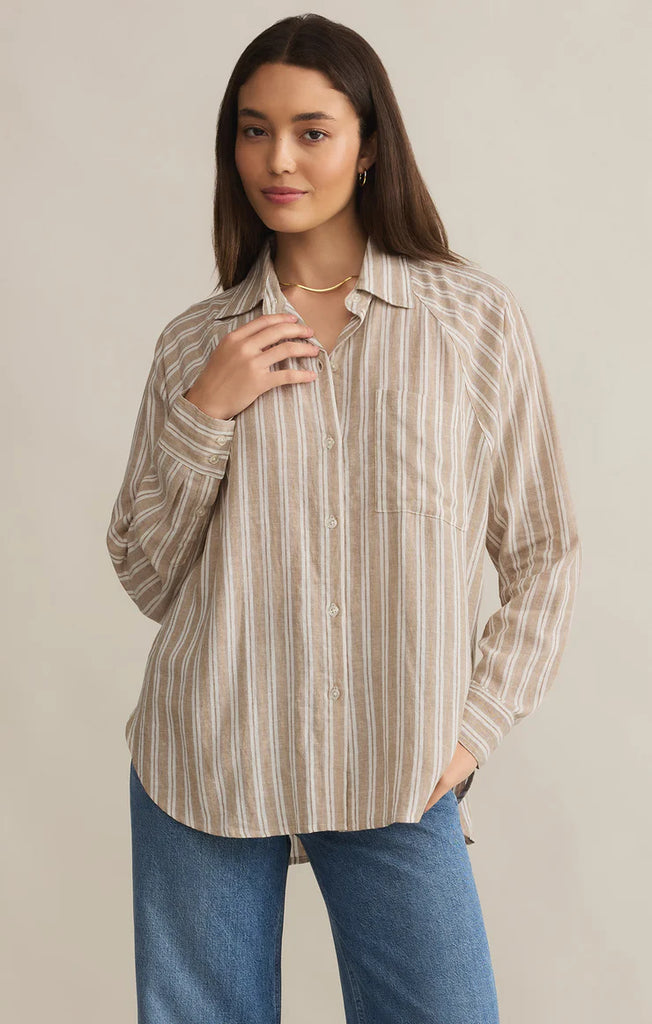 long sleeve button front linen top pebble moon color
