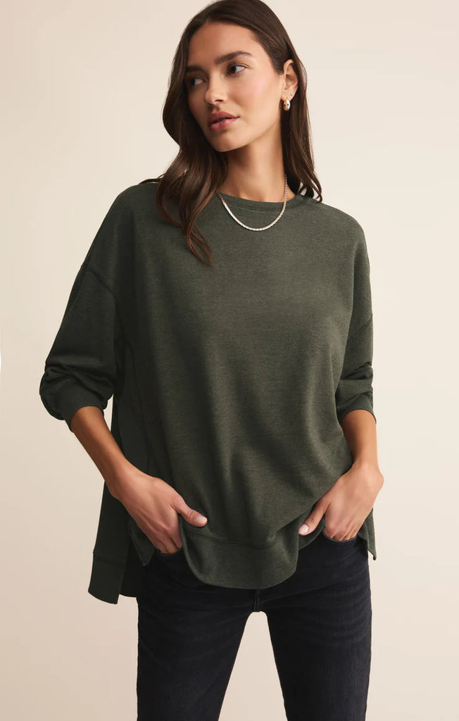 relaxed fit crew neck, french terry oversize top in color artichoke