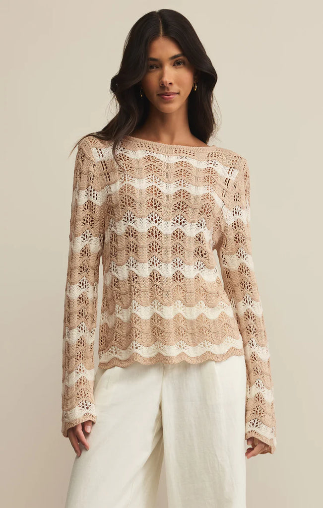 crochet beige long sleeve lightweight sweater