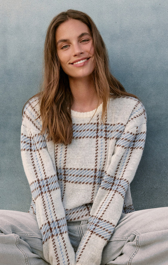 long sleeve natural color plaid sweater