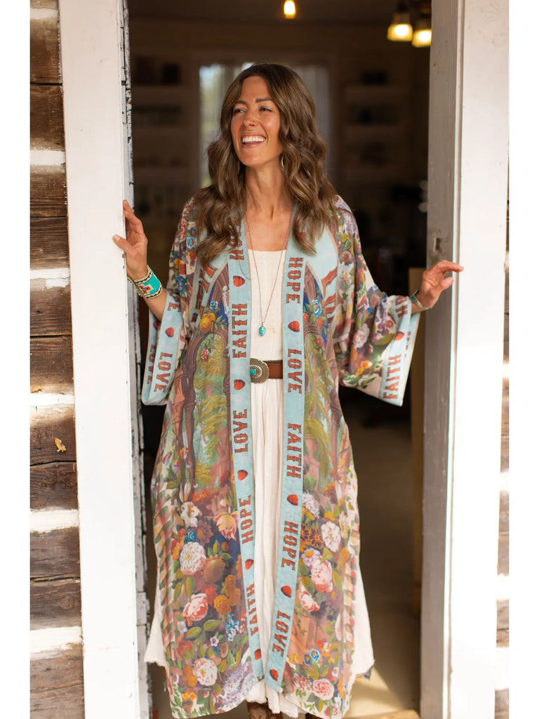 Printed Love Language Long Duster Words Fait Hope and Love on print.