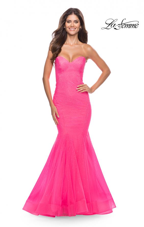 Fitted mermaid fully rhinestone embellished prom dress with strapless sweetheart neckline