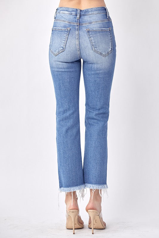 Risen Jeans: Mid-Rise Raw Hem Straight Leg