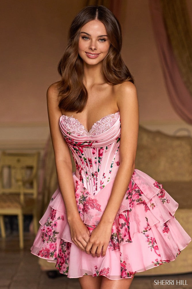 strapless pink floral corset homecoming dress with ruffle bottom